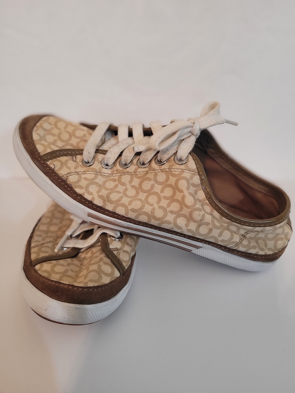 Coach Beige Logo Canvas Lace-Up Flats with Brown Trim